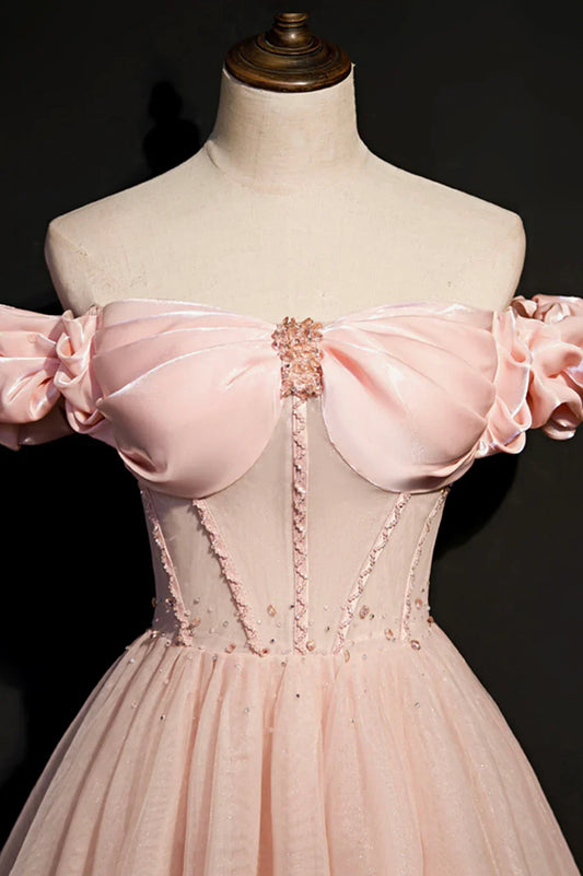 Pink Tulle Off the Shoulder Prom Dress, Beautiful A-Line Evening Dress TP621