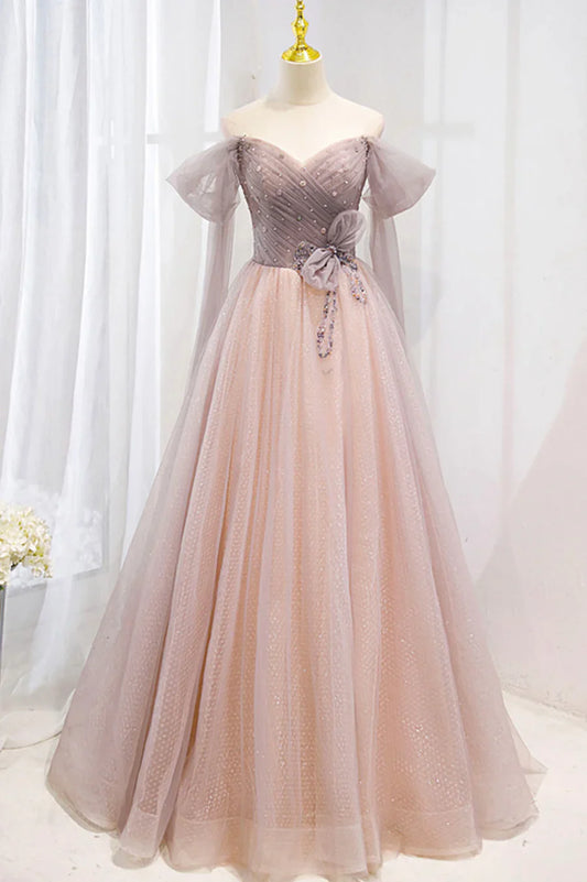 Pink Tulle Beaded Long Prom Dress, Off the Shoulder Evening Dress TP629
