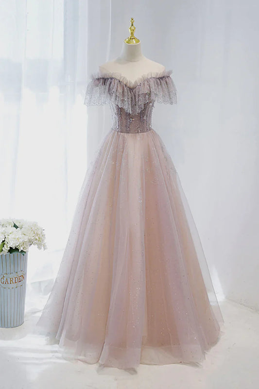 Vestido formal largo de tul rosa con cuentas, vestido de fiesta rosa con escote en V TP630