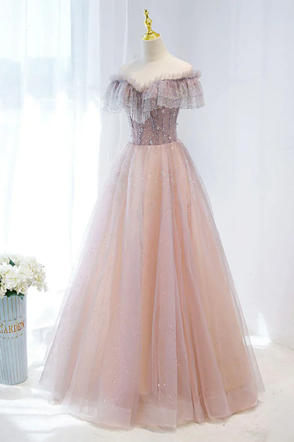 Vestido formal largo de tul rosa con cuentas, vestido de fiesta rosa con escote en V TP630