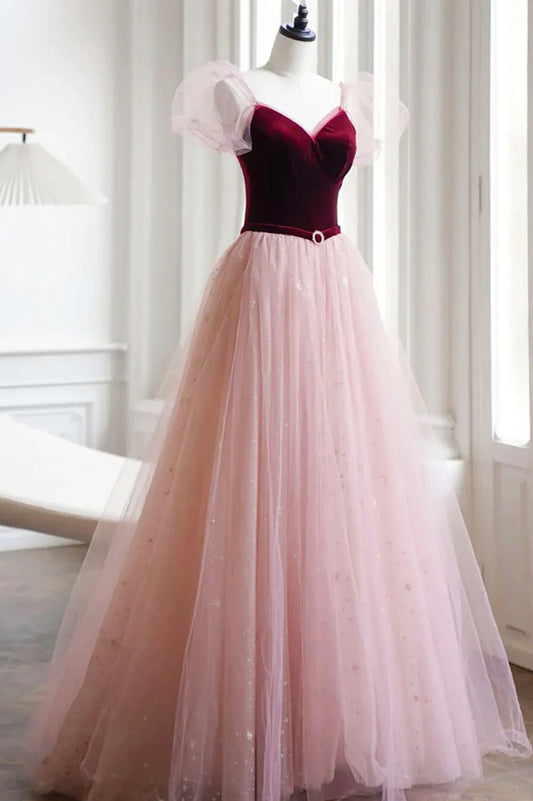 Vestido de fiesta largo de terciopelo burdeos y tul rosa, corte A, precioso vestido de fiesta TP631