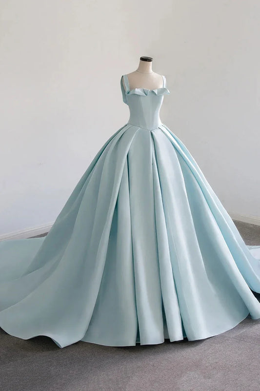 Vestido de noche azul de satén largo en forma de A, con cola, TP635