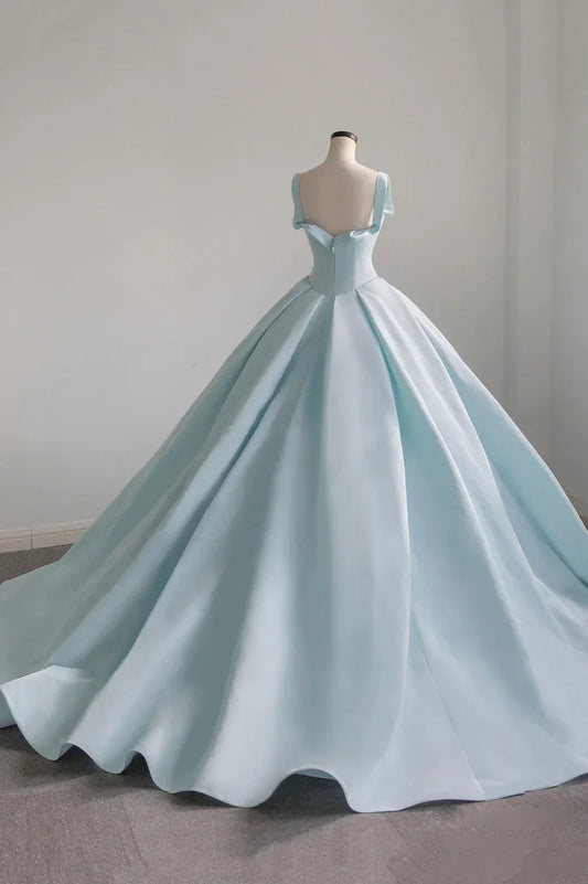 Vestido de noche azul de satén largo en forma de A, con cola, TP635