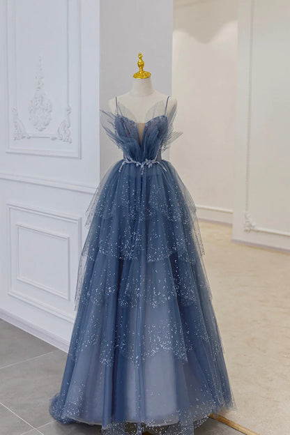 Vestidos de fiesta largos de tul azul con capas, tirantes y cuentas, vestidos de noche de corte A TP638