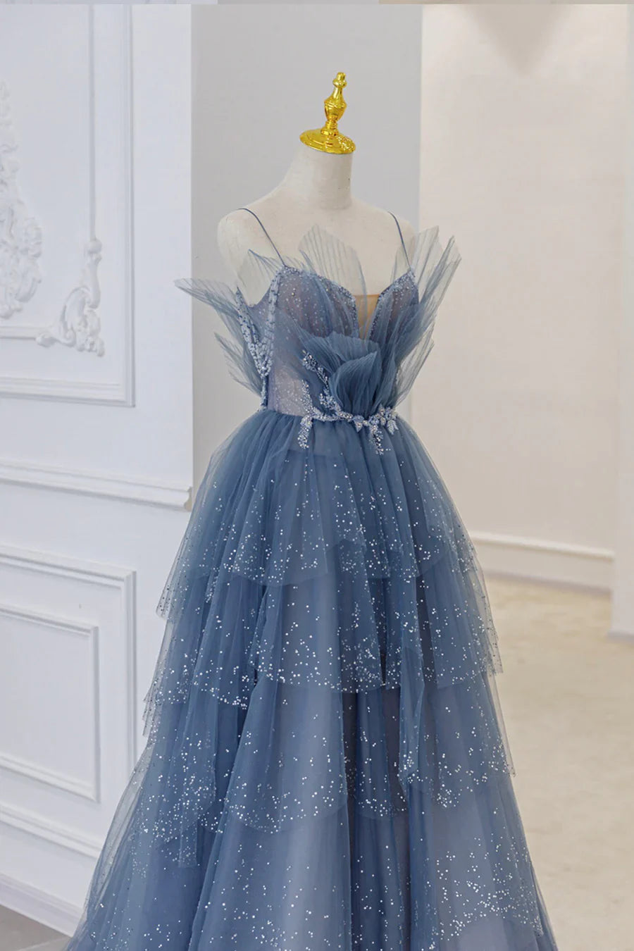 Vestidos de fiesta largos de tul azul con capas, tirantes y cuentas, vestidos de noche de corte A TP638