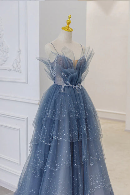 Vestidos de fiesta largos de tul azul con capas, tirantes y cuentas, vestidos de noche de corte A TP638