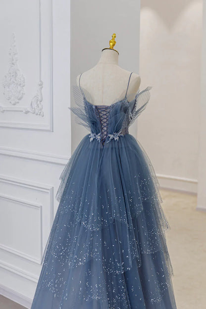 Vestidos de fiesta largos de tul azul con capas, tirantes y cuentas, vestidos de noche de corte A TP638