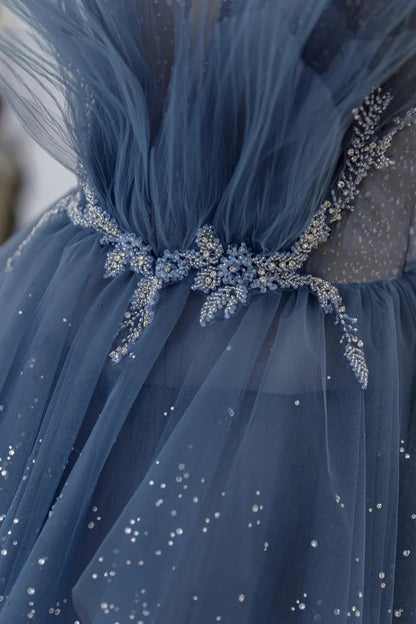 Vestidos de fiesta largos de tul azul con capas, tirantes y cuentas, vestidos de noche de corte A TP638