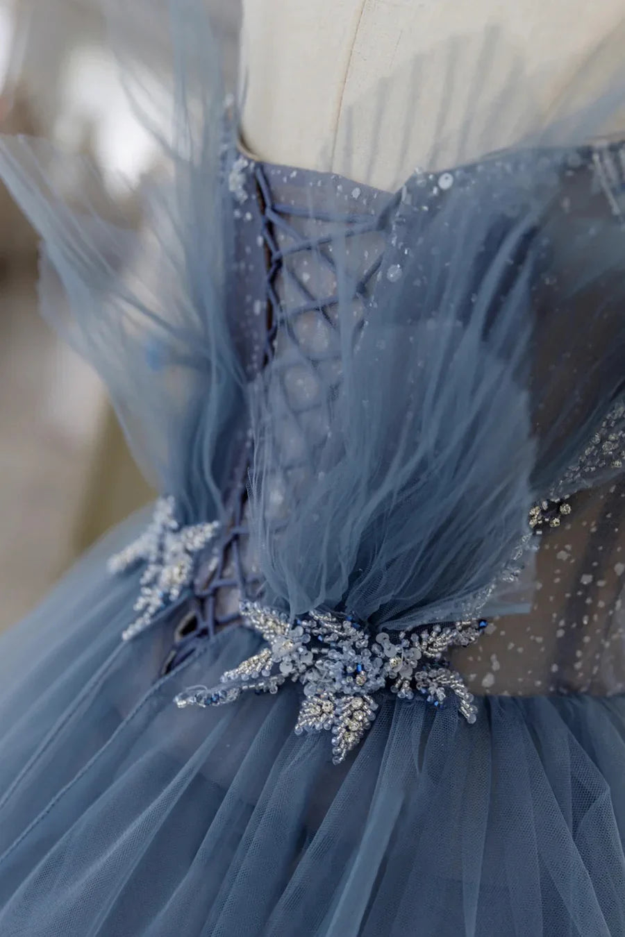 Vestidos de fiesta largos de tul azul con capas, tirantes y cuentas, vestidos de noche de corte A TP638