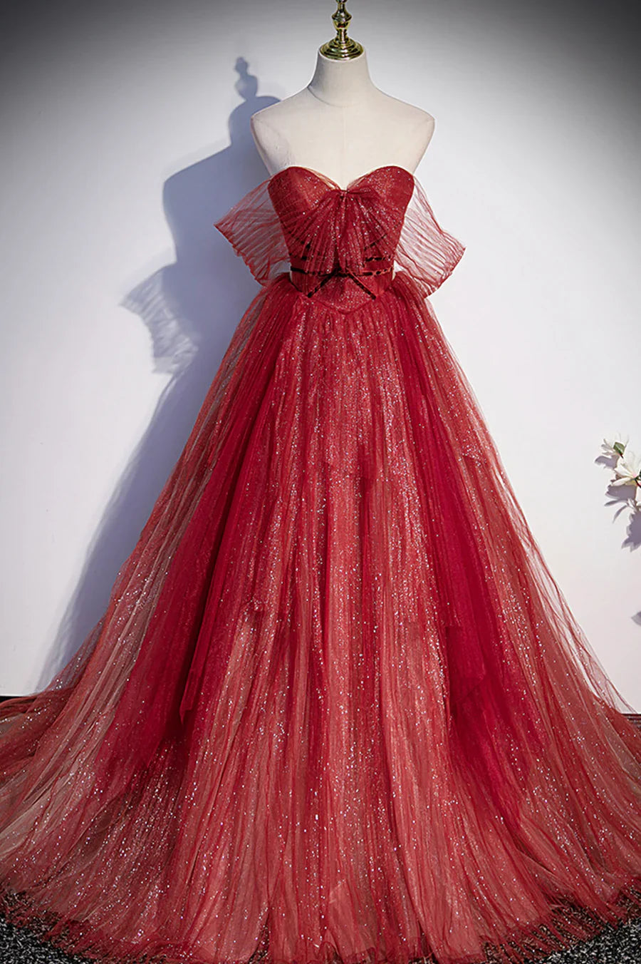 Vestido de fiesta largo de tul con escote corazón color burdeos, vestido de noche corte A TP640
