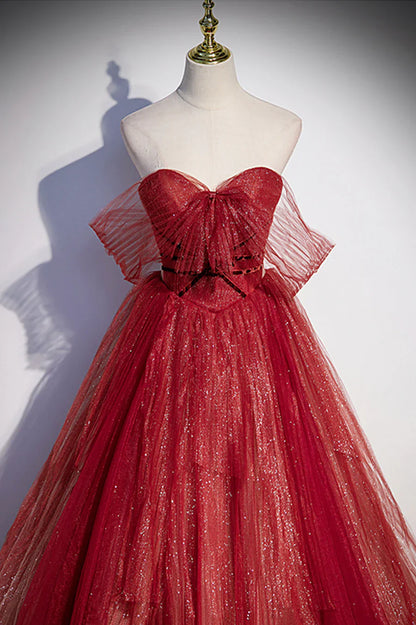 Vestido de fiesta largo de tul con escote corazón color burdeos, vestido de noche corte A TP640