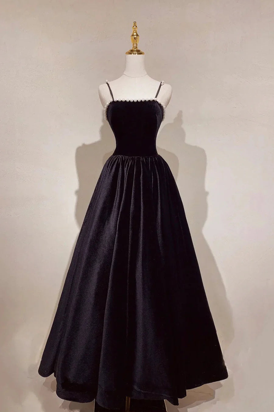 Black Velvet Pearls Long Prom Dresses, Black A-Line Evening Party Dresses TP643