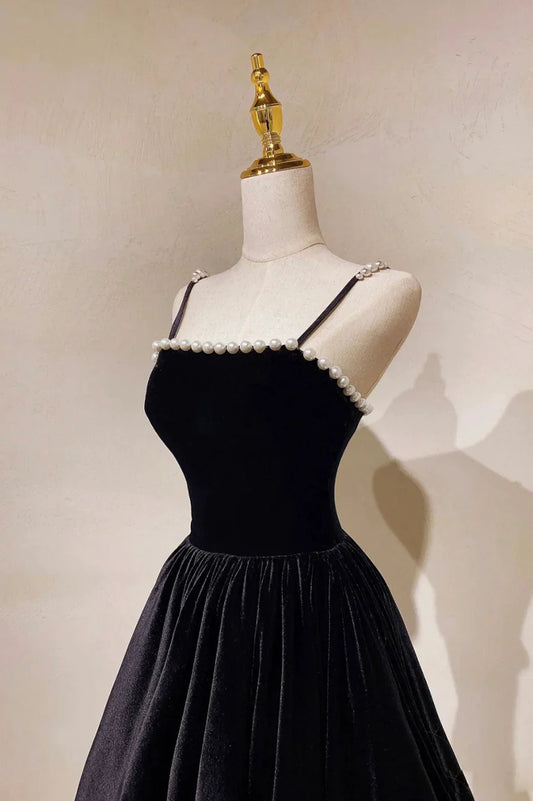 Black Velvet Pearls Long Prom Dresses, Black A-Line Evening Party Dresses TP643