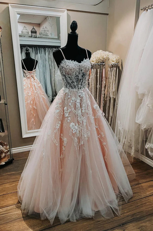 Pink Sweetheart Neck Lace Long Prom Dresses, A-Line Formal Dresses TP655