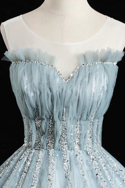 Blue Tulle Sequins Long Prom Dresses, A-Line Evening Dresses TP659