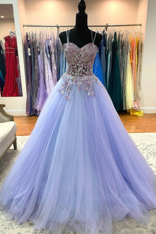 Vestidos de fiesta largos de tul morado con encaje, corte A y tirantes finos TP668