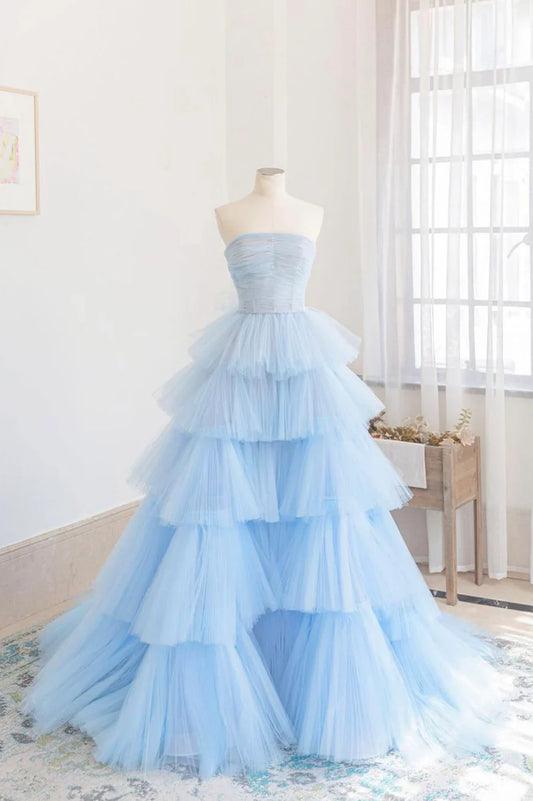 Blue Layers Tulle Long Prom Dresses, A-Line Strapless Evening Dresses TP672