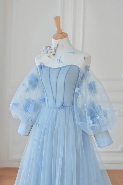 Blue Tulle Long Sleeve Prom Dresses, Cute A-Line Evening Dresses with Applique TP674