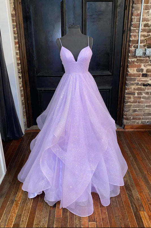 Vestidos de fiesta largos de tul morado con escote en V, vestidos de noche de corte A TP676