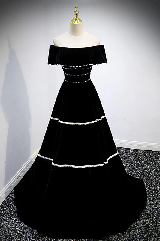 Black Velvet Long Prom Dresses, A-Line Off the Shoulder Evening Dresses TP677