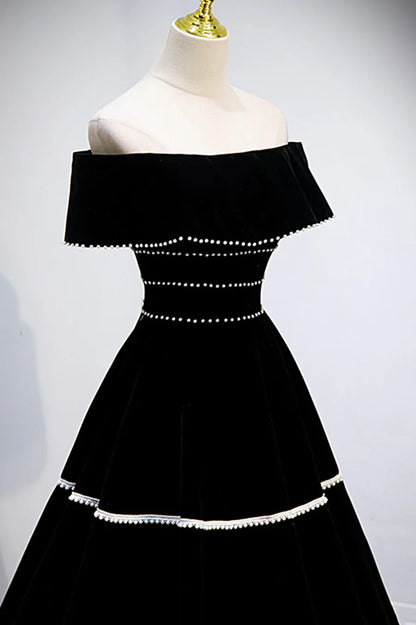 Vestidos de fiesta largos de terciopelo negro, vestidos de noche de corte A con hombros descubiertos TP677