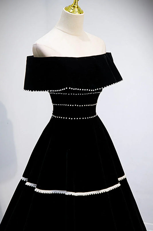 Black Velvet Long Prom Dresses, A-Line Off the Shoulder Evening Dresses TP677
