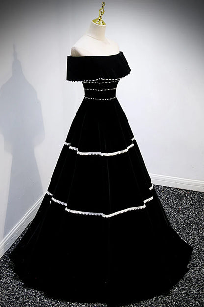 Vestidos de fiesta largos de terciopelo negro, vestidos de noche de corte A con hombros descubiertos TP677