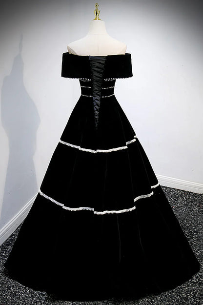 Vestidos de fiesta largos de terciopelo negro, vestidos de noche de corte A con hombros descubiertos TP677