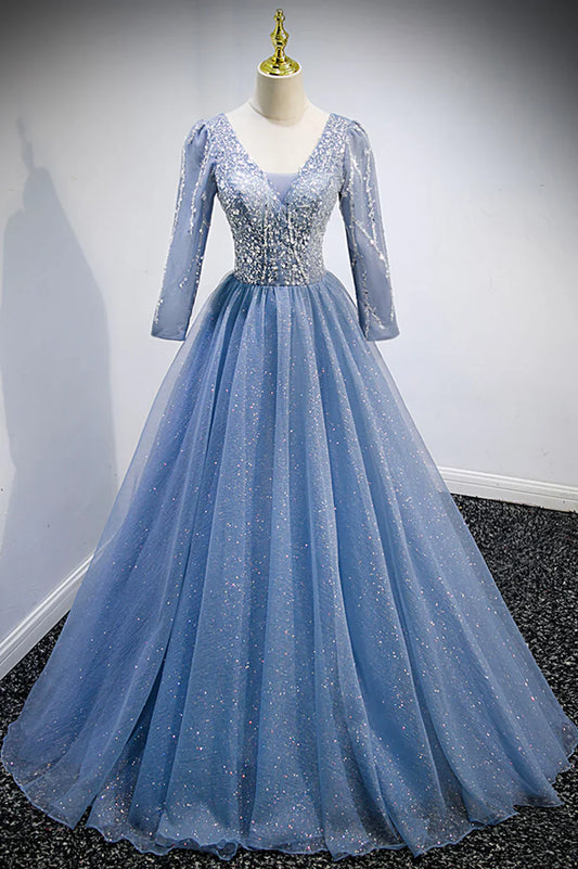 Previous Next   Blue V-Neck Tulle Beading Long Prom Dresses, Long Sleeve Evening Dresses TP678