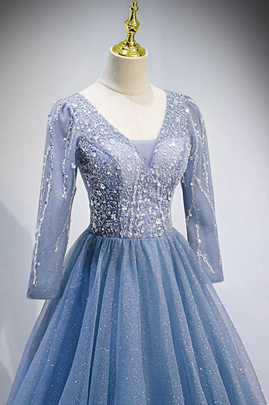 Previous Next   Blue V-Neck Tulle Beading Long Prom Dresses, Long Sleeve Evening Dresses TP678
