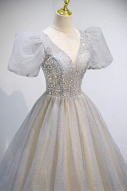 Grey V-Neck Tulle Beading Long Prom Dresses, A-Line Evening Dresses TP681