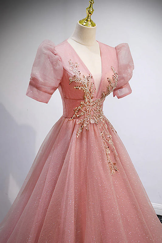Pink V-Neck Tulle Long Prom Dresses, A-Line Short Sleeve Evening Dresses TP682