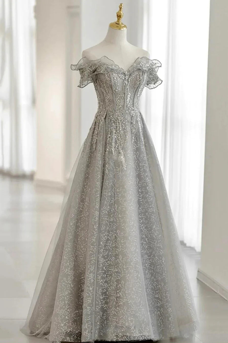 Grey Tulle Sequins Long A-Line Prom Dresses, Off the Shoulder Evening Dresses TP683