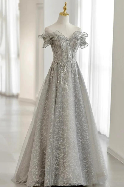 Grey Tulle Sequins Long A-Line Prom Dresses, Off the Shoulder Evening Dresses TP683