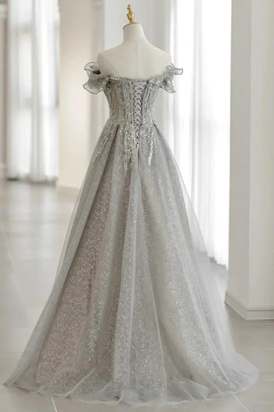 Grey Tulle Sequins Long A-Line Prom Dresses, Off the Shoulder Evening Dresses TP683