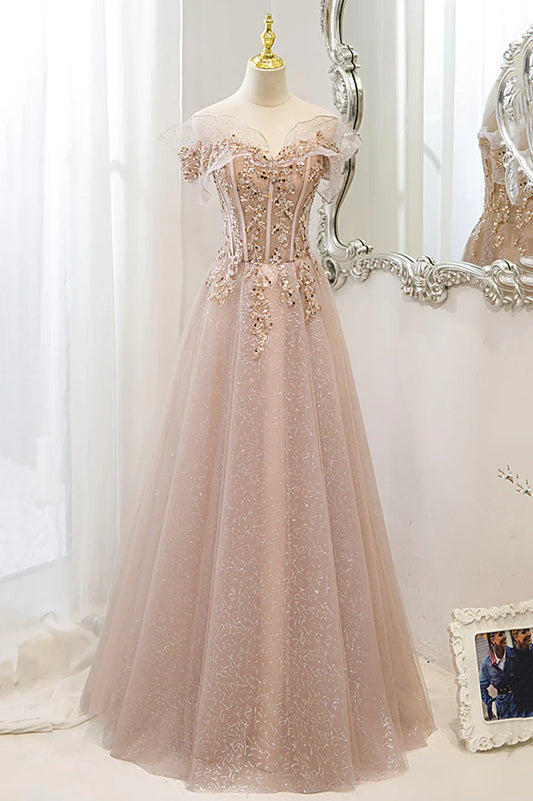 Pink Tulle Sequins Long Prom Dresses, A-Line Off the Shoulder Evening Dresses TP684