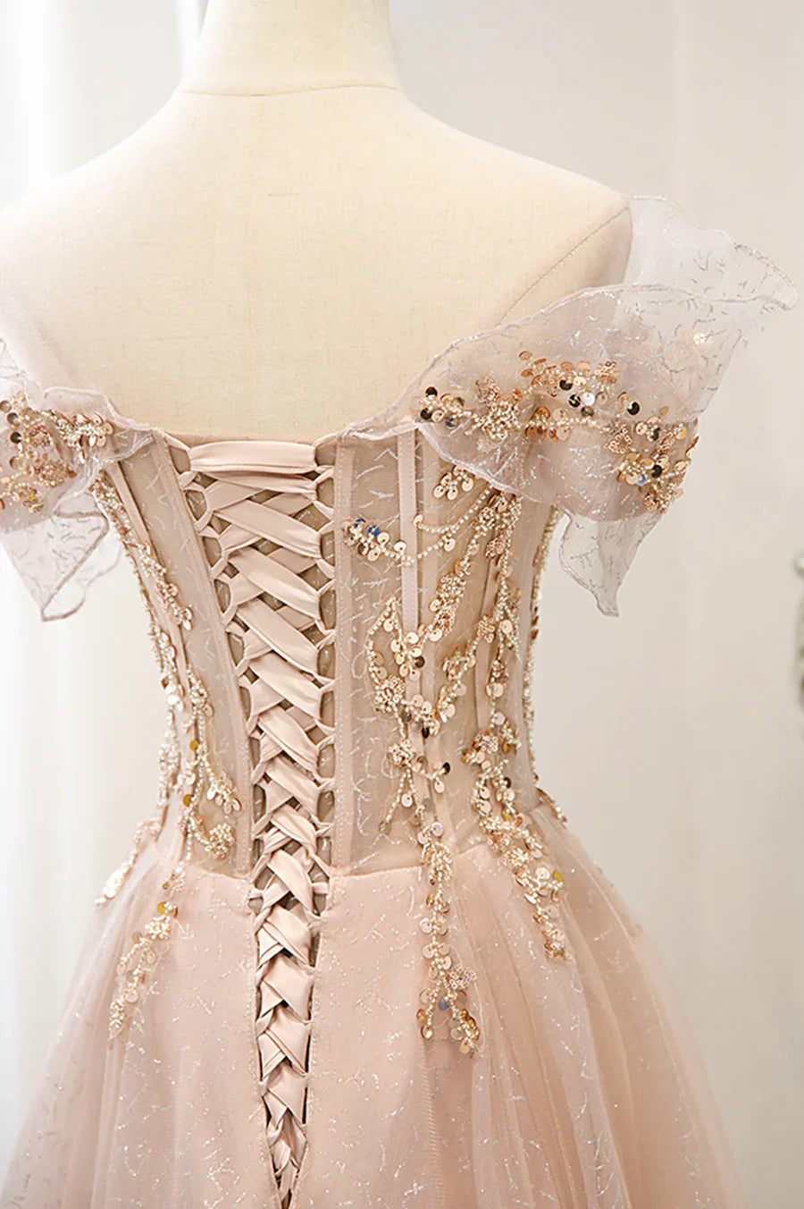 Pink Tulle Sequins Long Prom Dresses, A-Line Off the Shoulder Evening Dresses TP684
