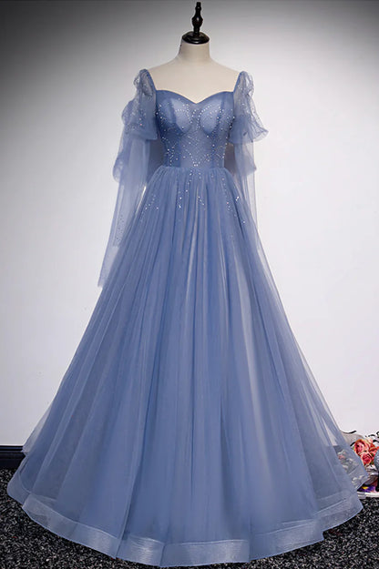 Blue Tulle Beading Long Prom Dresses, A-Line Formal Evening Dresses TP688
