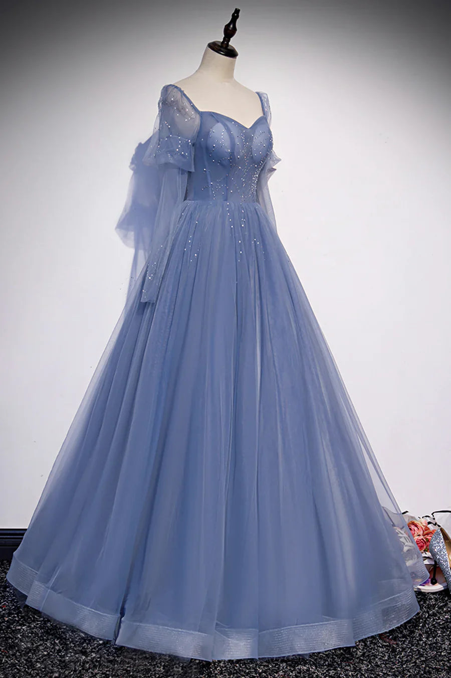 Blue Tulle Beading Long Prom Dresses, A-Line Formal Evening Dresses TP688