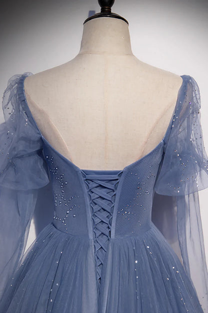 Blue Tulle Beading Long Prom Dresses, A-Line Formal Evening Dresses TP688