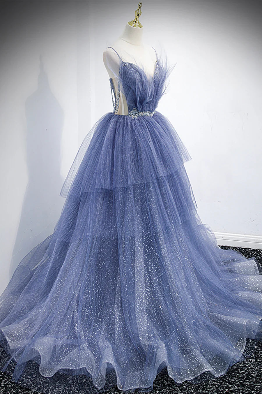 Blue Layers Tulle Long Prom Dresses, A-Line Spaghetti Straps Evening Dresses TP691