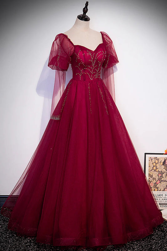 Vestidos de fiesta largos de tul burdeos con cuentas, vestidos de noche formales de corte A TP692