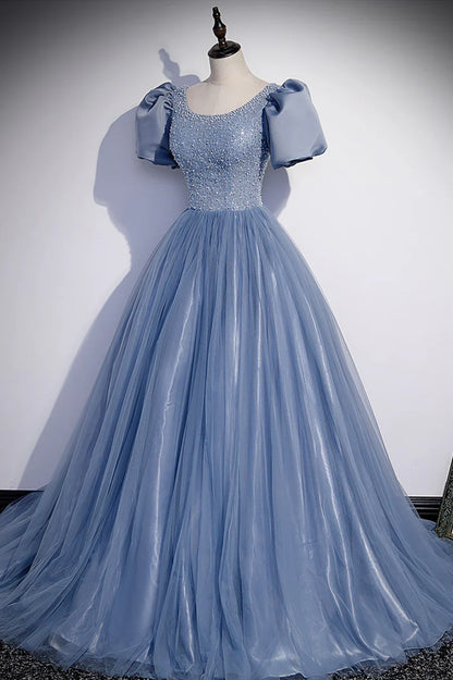 Blue Tulle Beading Long Prom Dresses, A-Line Short Sleeve Evening Dresses TP693