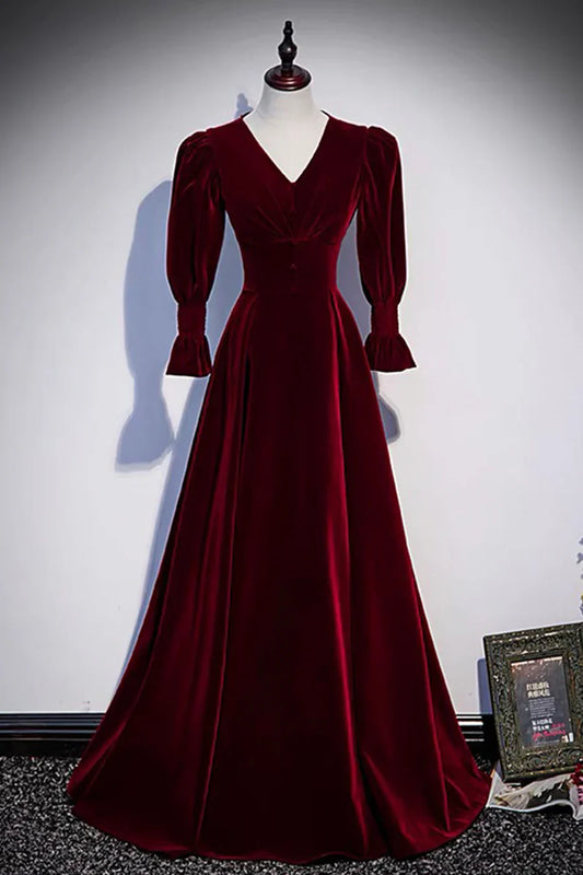 Vestidos de fiesta largos de terciopelo burdeos, vestidos de noche de corte A y manga larga TP694