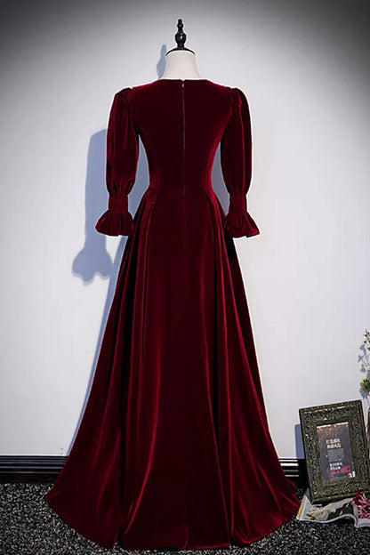 Vestidos de fiesta largos de terciopelo burdeos, vestidos de noche de corte A y manga larga TP694