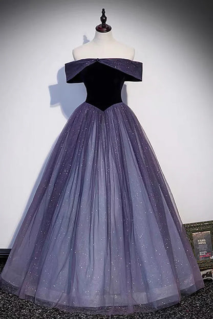 Vestidos de fiesta largos de tul y terciopelo morado, vestidos de noche de corte A con hombros descubiertos TP696