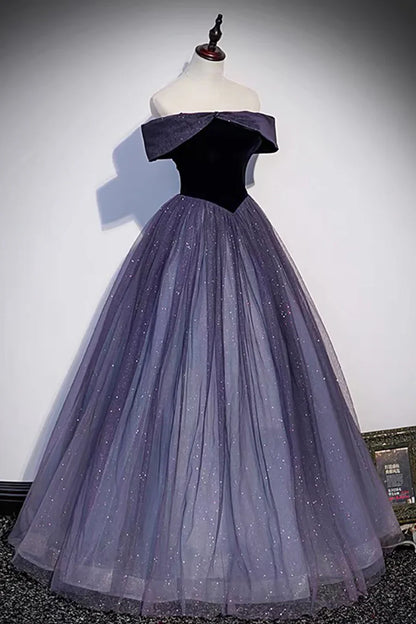 Vestidos de fiesta largos de tul y terciopelo morado, vestidos de noche de corte A con hombros descubiertos TP696