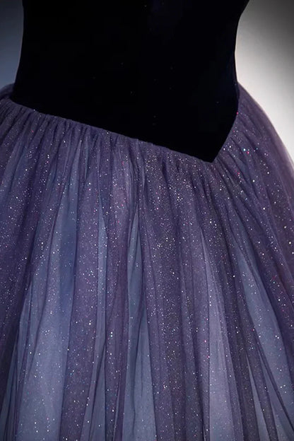 Vestidos de fiesta largos de tul y terciopelo morado, vestidos de noche de corte A con hombros descubiertos TP696