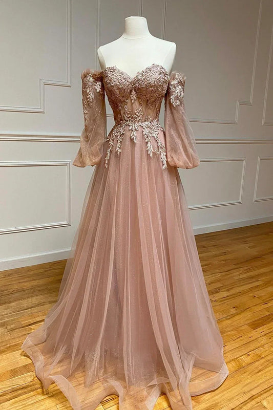 A-Line Tulle Lace Long Prom Dresses, Off the Shoulder Lace Formal Dresses TP697