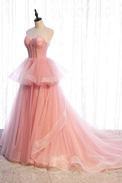 Pink Tulle Long Prom Dresses, A-Line Evening Dresses TP698